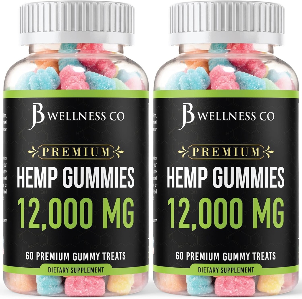 [2- Pack] - Hamp Gummies Premium 12.000 - Betændelse - Vitaminer & Omega 3,6,9 - Made in The USA (120 Greve) - [2- Pack]