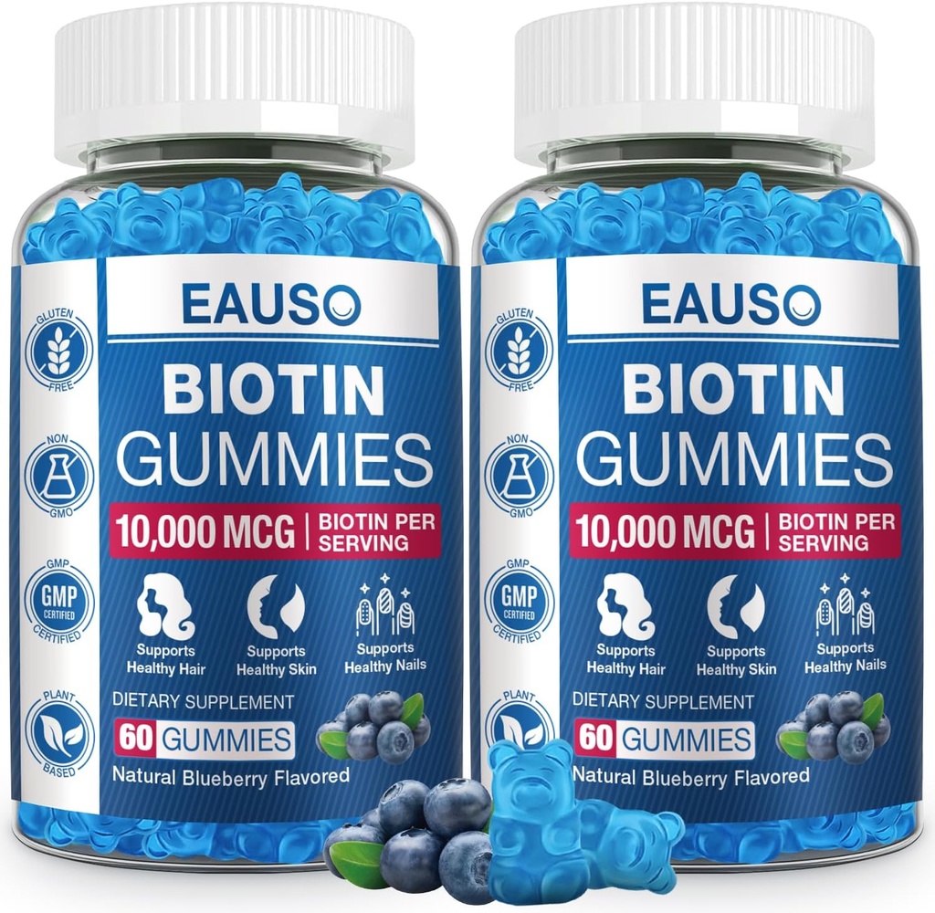 (2 Pack) Biotin Gummies 10,000mcg for Healthy Hair, Skin & Nails for Adults - 120 Gummies Vitamin - Vegan, Non-GMO, Pectin-Based Hair Health Supplement