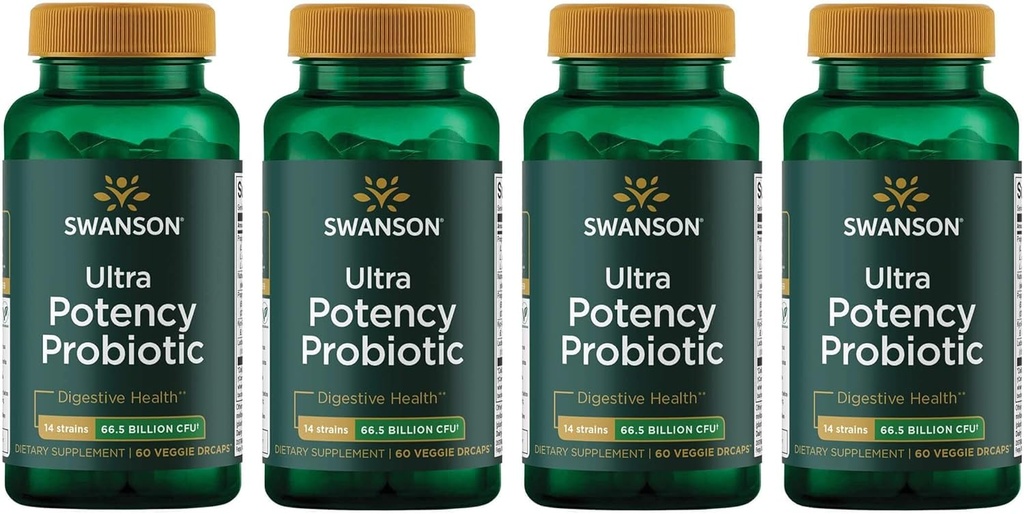 Swanson Ultra Potency Probiotisk fordøjelsesfremmende immunsystem Support 66 Millioner CFU Prebiotic NutraFlora scFOS 60 DRcaps Veggie Kapsler (Caps) (4 Pack)