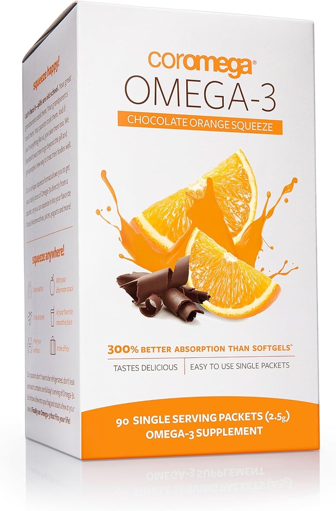 Coromega Omega 3 Fish Oil Supplement, 650mg Omega- 3s med 3X bedre Absorption End Softels, Chokolade Orange Flavor, 90 Single Serve Squeeze Pakninger