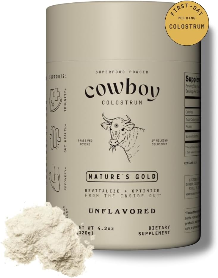 COWBOY COLOSTRUM Powder - Bovine Colostrum Powder for kvinder & mænd - Første dag malkning hele Colostrum - Græs Fed Colostrum supplement til Gut Sundhed, Immunitet, Hud og hår (Unflavored, 40 Servere)