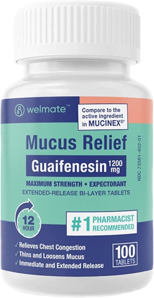 WELMATE - Mucus Relief - Guaifenesin 1200 mg maksimal styrke - Extende- release Expectorant Tablets - Hjælper klar chest Congestion & Loosen Mucus - 12 timers relief - 100 greve