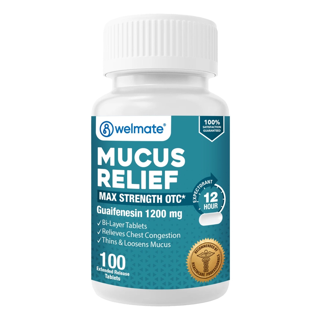 WELMATE - Mucus Relief - Guaifenesin 1200 mg maksimal styrke - Extende- release Expectorant Tablets - Hjælper klar chest Congestion & Loosen Mucus - 12 timers relief - 100 greve