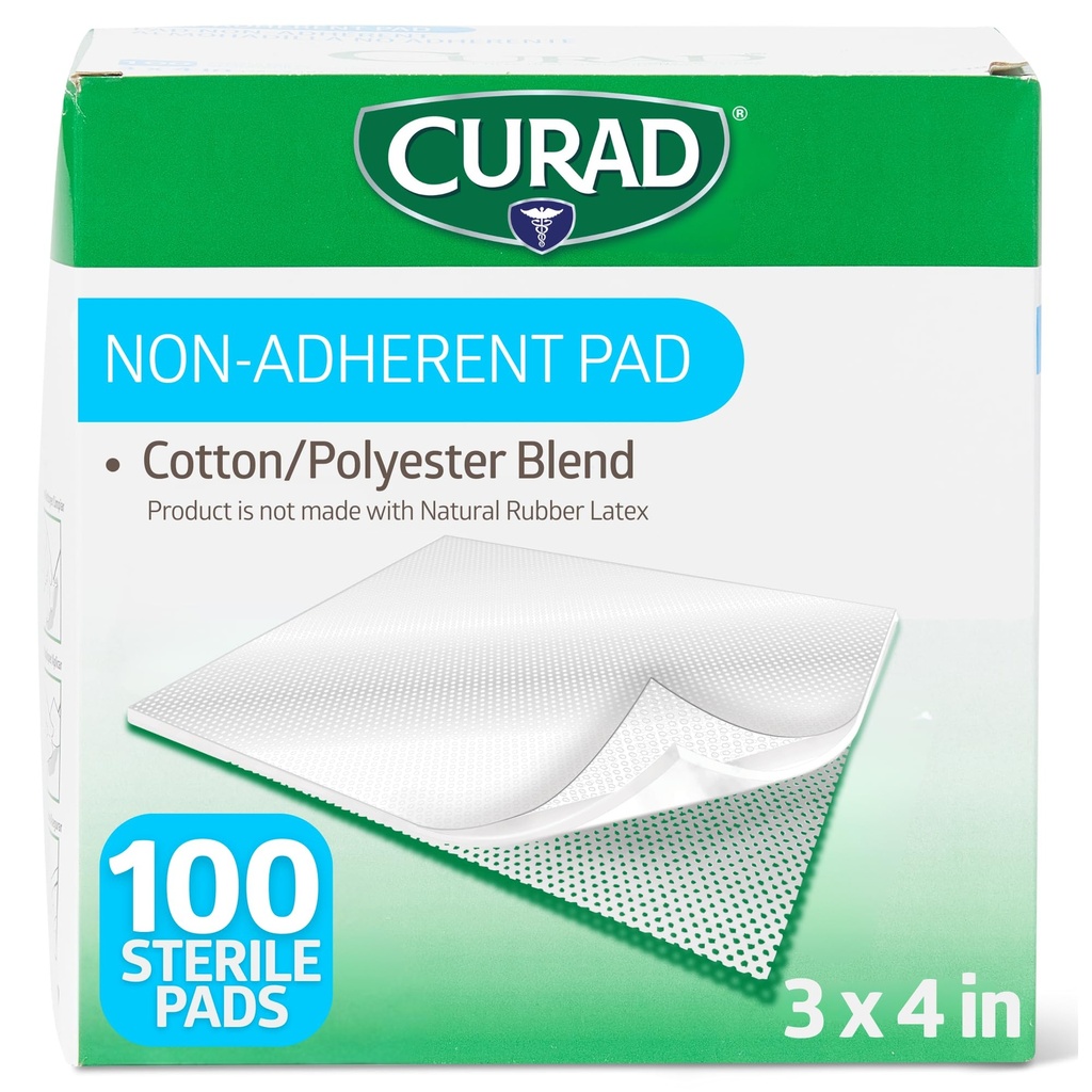 CURAD Steril Non- Adherent Pads (pakke med 100), 3 "x4", for blid sårbandage og absorption uden stikning