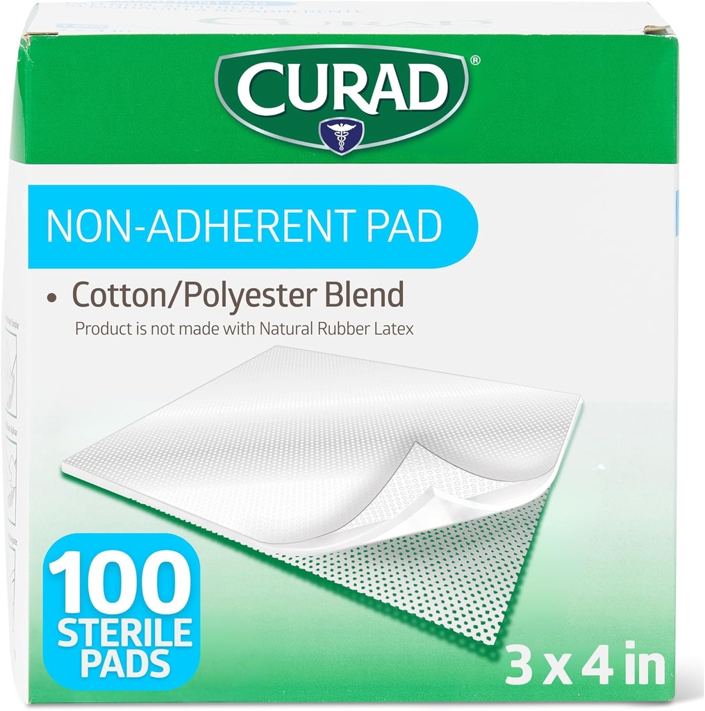CURAD Steril Non- Adherent Pads (pakke med 100), 3 "x4", for blid sårbandage og absorption uden stikning