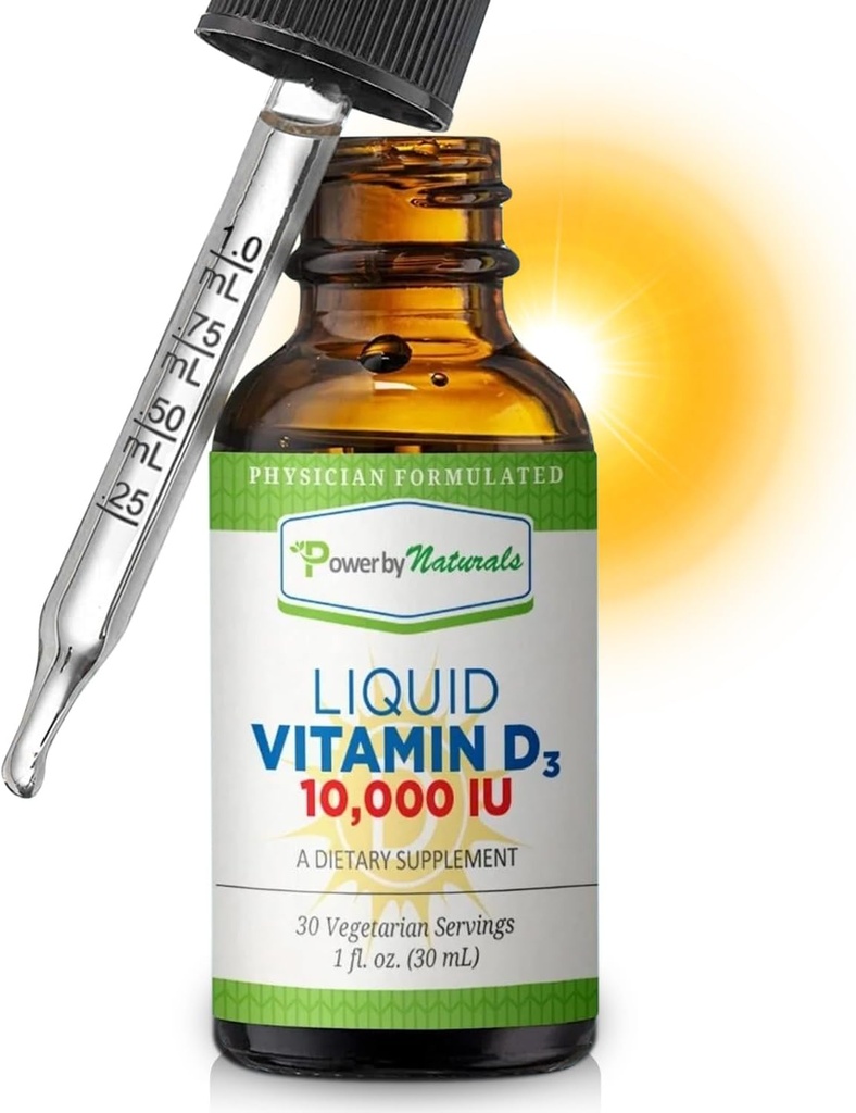 Power by Naturals Vitamin D3 Liquid Drops 10000 IE - højpotens Vitamin D3 til voksne knogler styrke & immunforsvar - Glutenfri, ikke-GMO, sukkerfri Vitamin - Orange Flavor, 1 fl Oz (30 Servere)