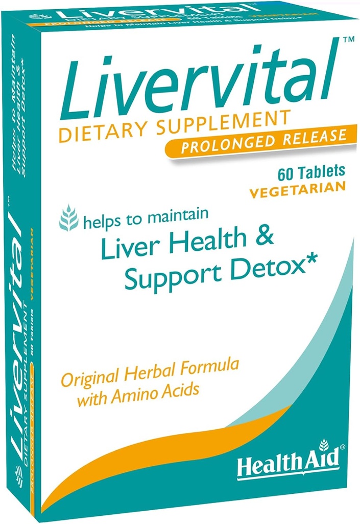 HealthAid LiverVital - Once- Daily Herbal Lever Support med Milk Thistle, Mælkebøtte, Gurkemeje & Artichoke Plus Methionin, Cholin & Inositol- 124; Vegetar, 60 tabletter