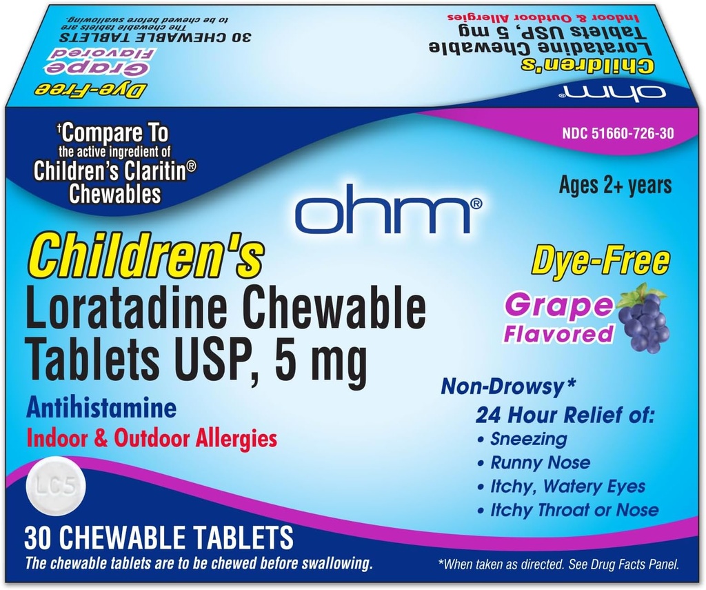 Ohm Children 's Loratadine Allergy Chewable Tablets - Dye Free, Grape Flavor, Non- Drowsy 24 Hour Relief, Antihistamin til Indendørs & Udendørs Allergier - 30 tabletter