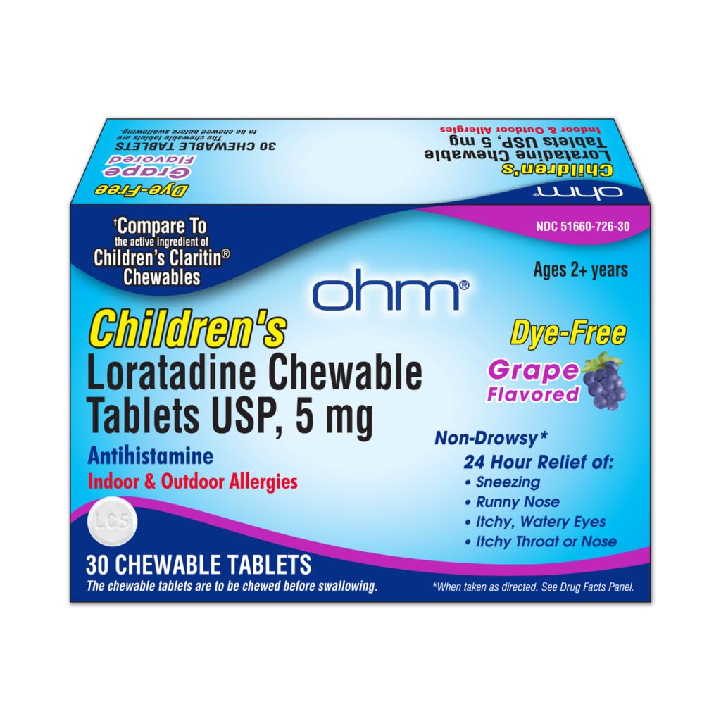 Ohm Children 's Loratadine Allergy Chewable Tablets - Dye Free, Grape Flavor, Non- Drowsy 24 Hour Relief, Antihistamin til Indendørs & Udendørs Allergier - 30 tabletter