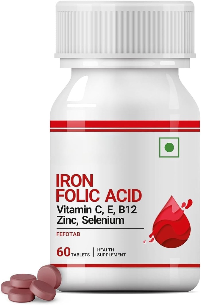 Jern folinsyre tillæg med vitamin C, E, B12, Zink & Selen til mænd Kvinder - 60 tabletter