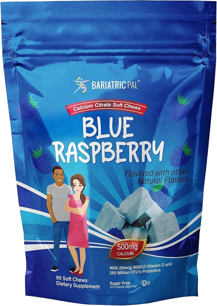 BariatricPal Sugar- Free Calcium Citrate Soft Chews ttesmå 124; 500mg med D-vitamin & Probiotika ttesmå 124; Blue Raspberry ttesmå 124; 90 Greve (1 måned Tilgang)