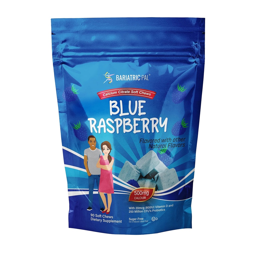 BariatricPal Sugar- Free Calcium Citrate Soft Chews ttesmå 124; 500mg med D-vitamin & Probiotika ttesmå 124; Blue Raspberry ttesmå 124; 90 Greve (1 måned Tilgang)