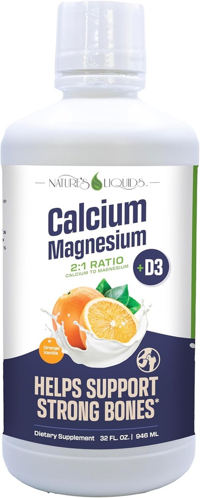 Nature 's Liquids - Calcium Magnesium Supplement Flydende (2: 1 Ratio) - med D3, Bor, Mangan for Optimal Absorption - for stærke ben og tænder - Orange Vanilla Flavor - (32oz - 32 Serveringer)