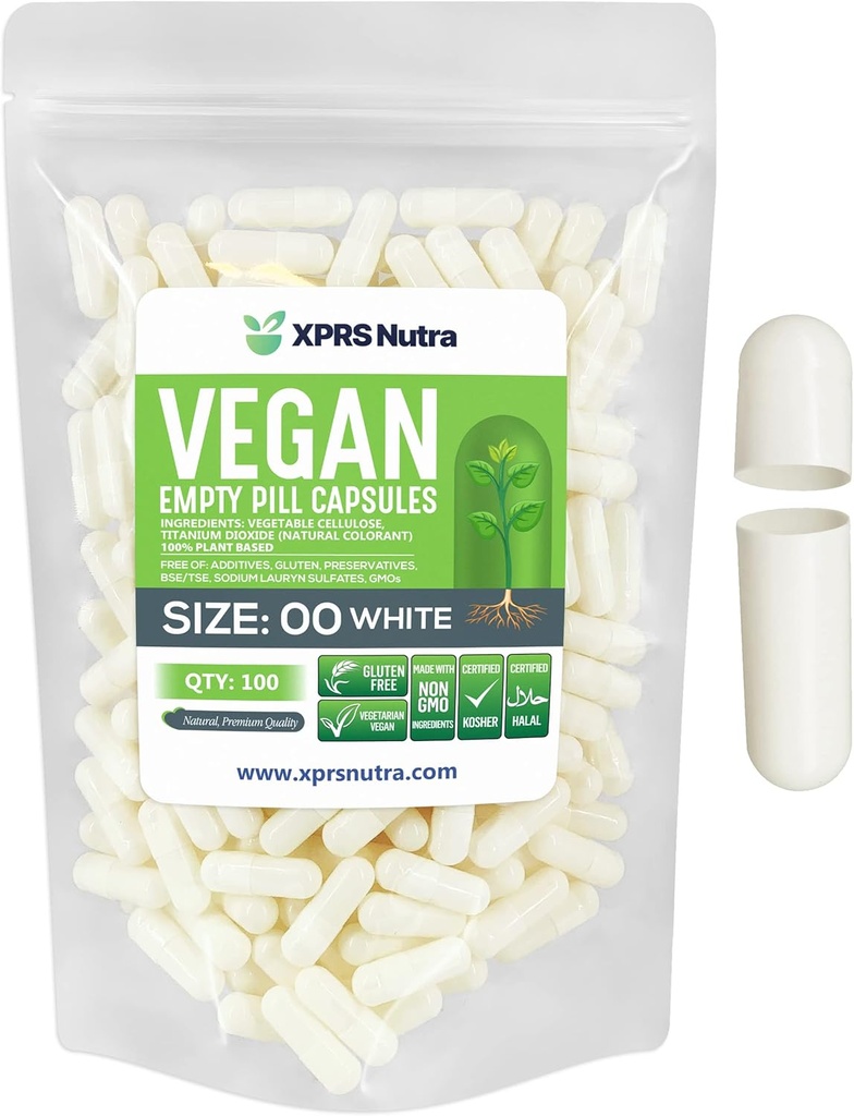 XPRS Nutra Størrelse 00 Tomme kapsler - 100 Grev Tomme Veganske kapsler - Vegetariske Tomme piller - selv vegetabilsk Capsule Filling- Veggie Pill Caps (hvid)