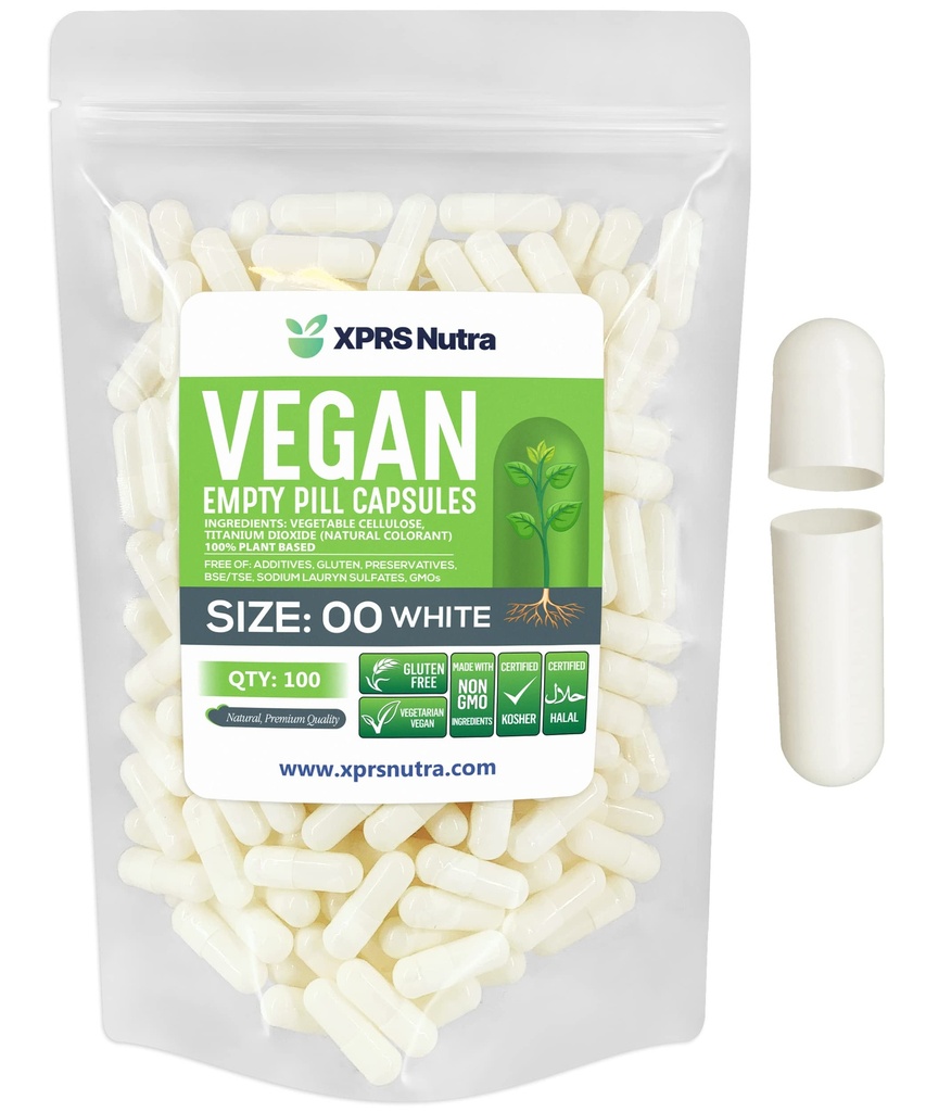 XPRS Nutra Størrelse 00 Tomme kapsler - 100 Grev Tomme Veganske kapsler - Vegetariske Tomme piller - selv vegetabilsk Capsule Filling- Veggie Pill Caps (hvid)