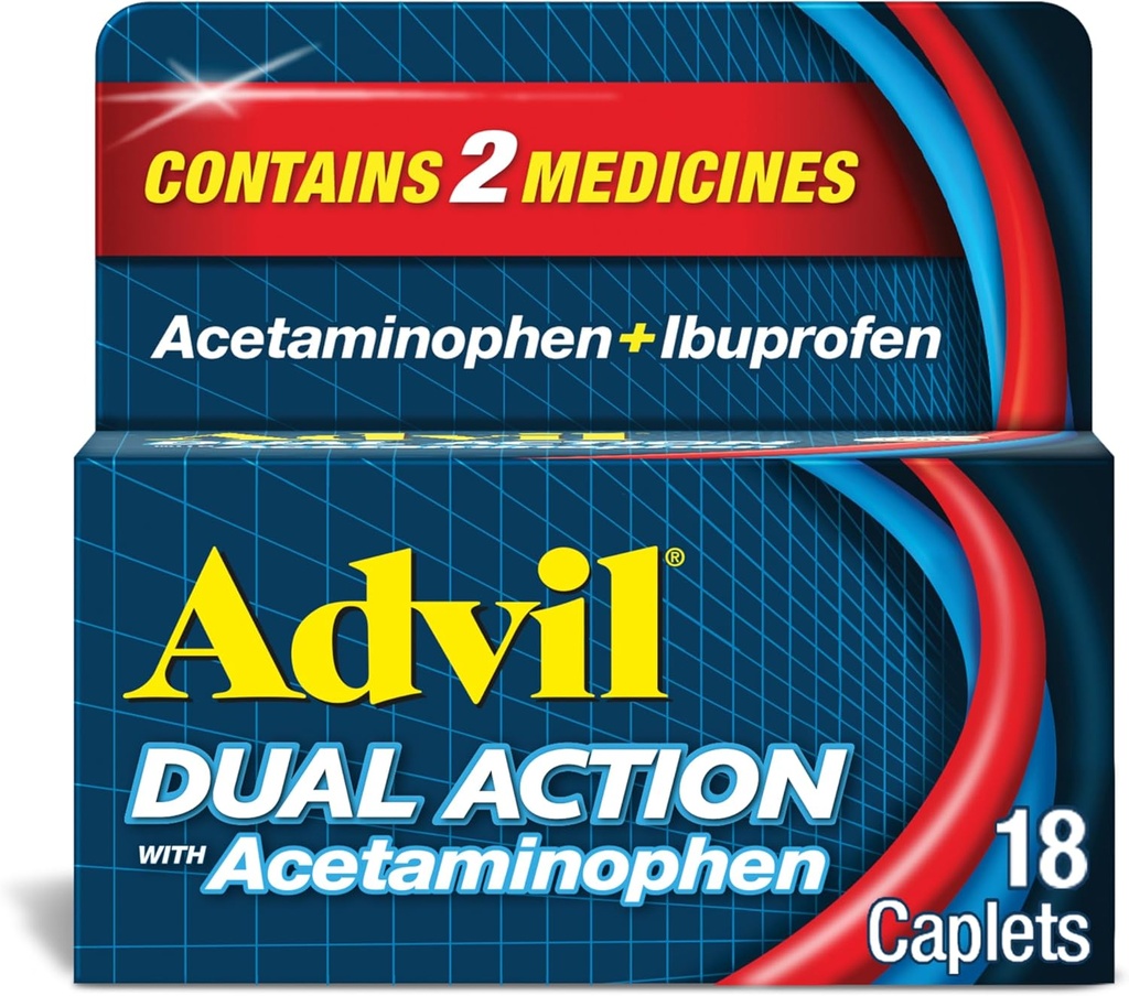 Advil Dual Action Coated Caplets with Acetaminophen, 125mg Ibuprofen and 250mg Acetaminophen Per Caplet for 8 Hour Pain Relief - 18 Count