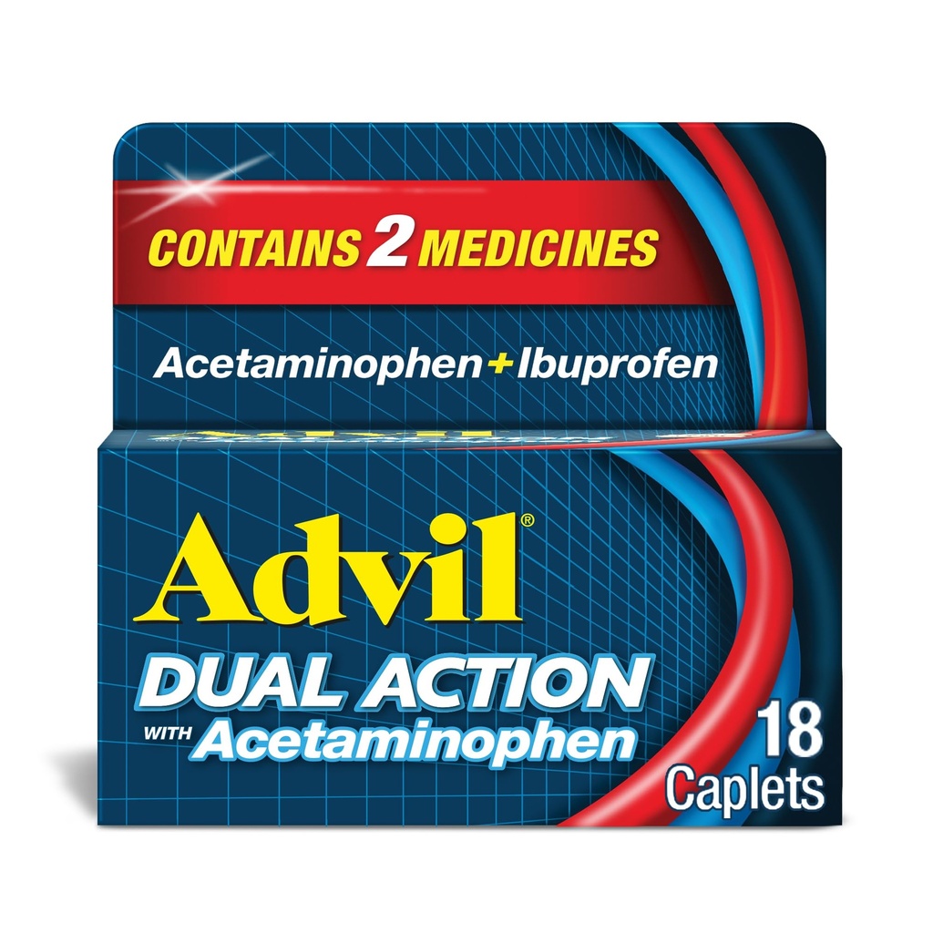 Advil Dual Action Overtrukne kapsler med Acetaminophen, 125mg Ibuprofen og 250 mg Acetaminophen Per Caplet for 8 timers smertelindring - 18 greve