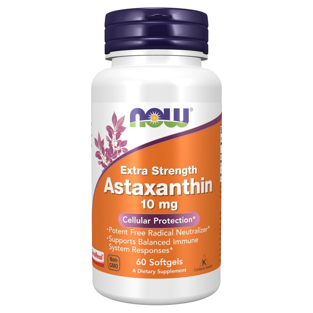 Now Foods Supplements, Astaxanthin 10mg, Extra Strength, afledt af ikke- GMO Haematococcus Pluvialis Mikroalger og har naturligt forekommende Lutein, Canthaxanthin og Beta- Caroten, 60 Softgels