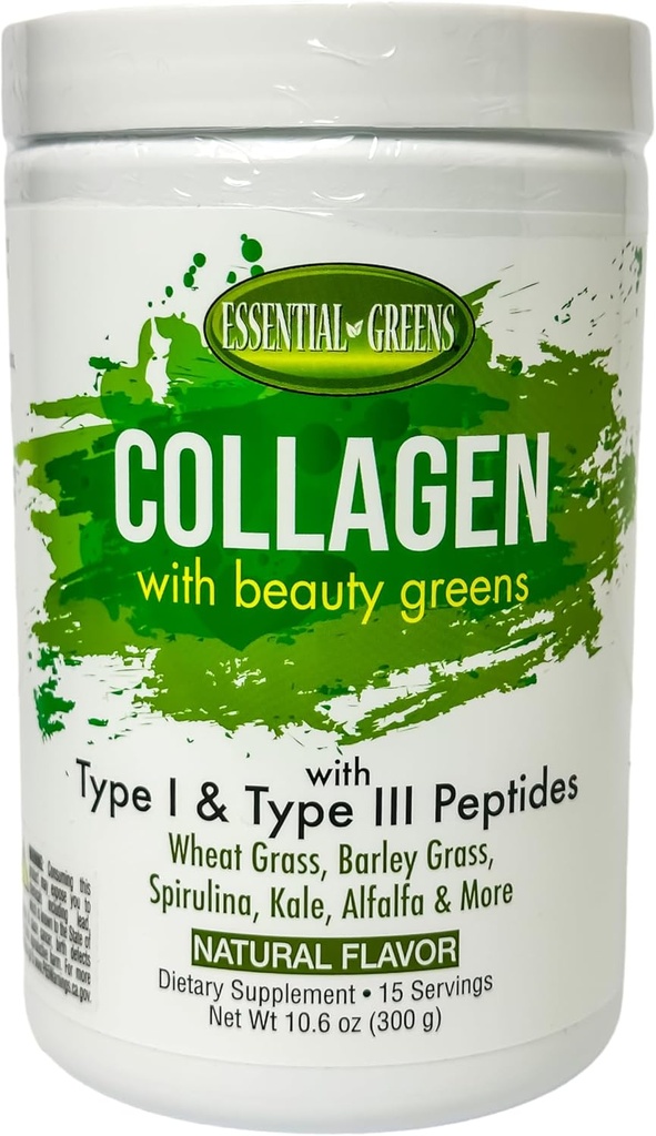 Essential Green, Collagen med Organic Beauty Green med type I & type III peptider. Naturlig smag. Kosttilskud. Hvede Græs, Byg, Spiral, Kale, Alfalfa & mere. 10.6 oz