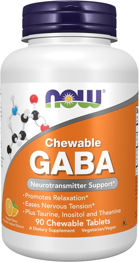 Now Foods Supplements, GABA (Gamma- Aminosmørsyre), Neurotransmitter Support *, Orange Flavor, 90 Chewables
