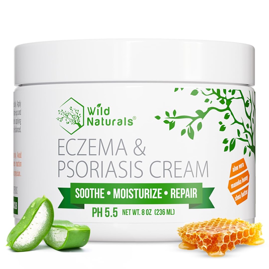 Wild Naturals Eksem & Psoriasis Cream til tørre, Itchy Skin - Eksem Relief for voksne & Børn - Fugtgivende Psoriasis Cream med Manuka honning - Hydrating Honey Lotion til hænder og ansigt