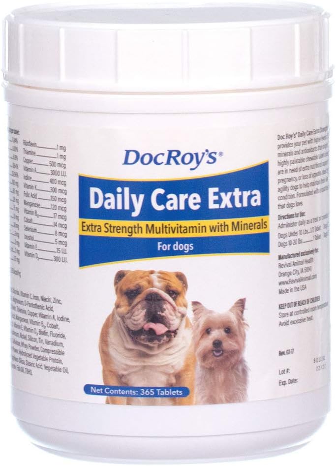 Doc Roy 's Daily Care Extra, Advanced Multivitamin til hunde, understøtter energi, immunforsvar, muskel, ben og hjerne sundhed, giver vitaminer A C D3 E B kompleks, jern zink Magnesium jod, Lavet i USA 365 ct