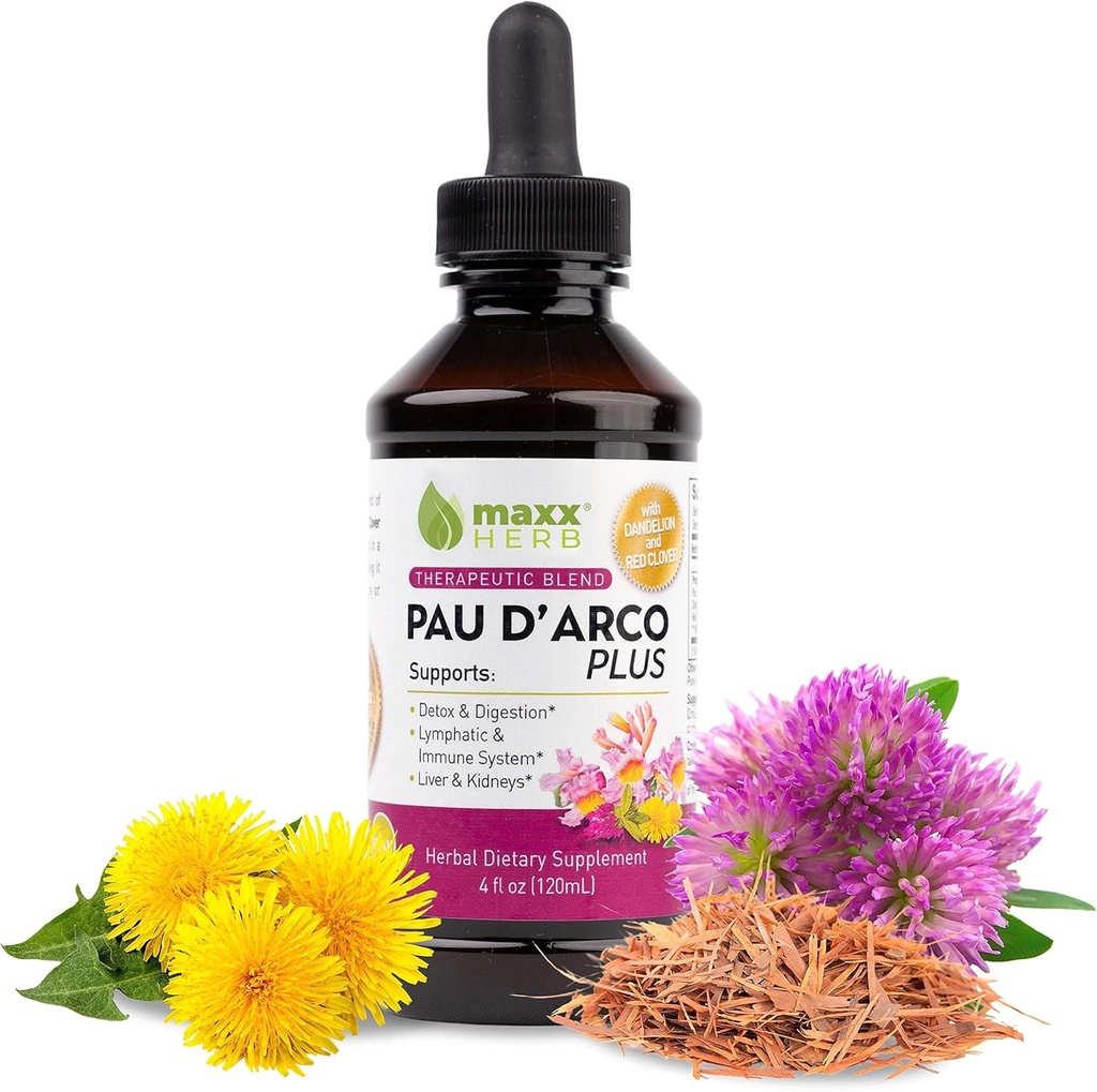 Maxx Herb PAU D 'Arco Extract med Mælelion Root & Red Clover Therapeutic Blend, PAU Darco Tincture Absorbs Bedre end Taheebo Tea eller kapsler, til immunforsvar - 4 Oz Flaske (60 Servere)