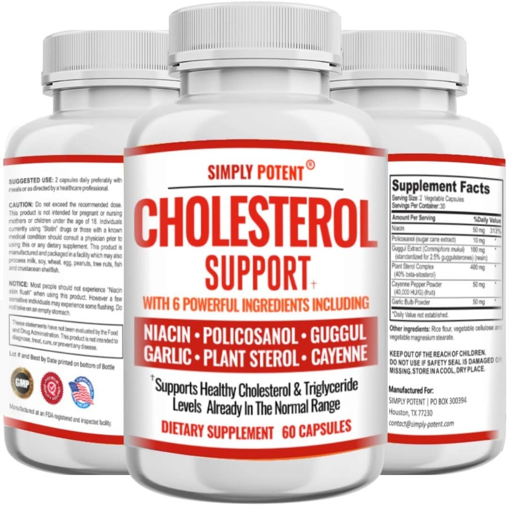 Cholesterol sænket supplement, der virker, understøtter lavere høj Cholesterol, triglycerid, LDL & Raise HDL naturligt, hjerte sunde naturlige kapsler med hvidløg, Plant Steroler, Niacin, Guggul, 60 Ct
