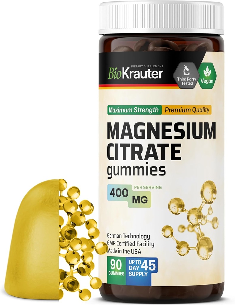 Magnesiumgummier til kvinder og mænd - 400 mg Styrke - 90 Vegantykkere - Chewable Magnesium Citrate Kosttilskud - Pectin- baseret