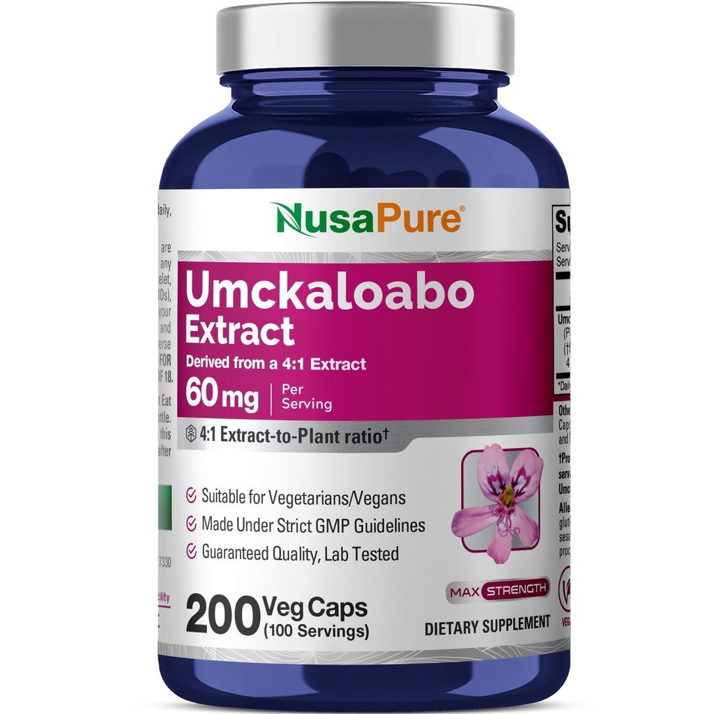 NusaPure Umckaloabo 4: 1 Extract, 60 mg Tilsvarende 240 mg Veggie Caps 200 Count (Non- GMO, Vegan)