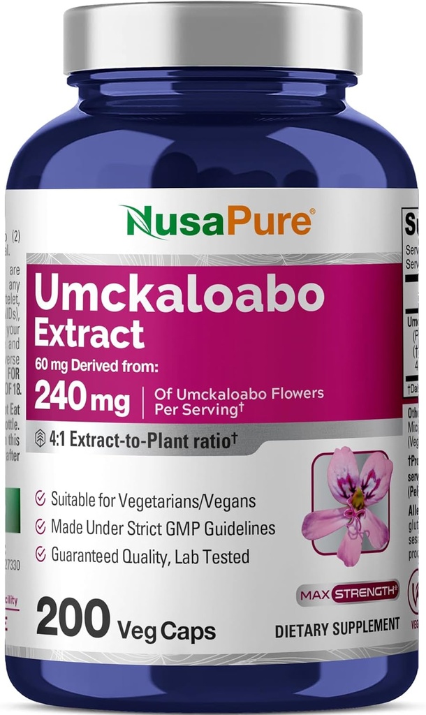 NusaPure Umckaloabo 4:1 Extract, 60 mg Equivalent to 240 mg Veggie Caps 200 Count (Non-GMO, Vegan)