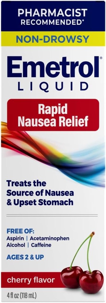 Emetryl Non- Drowsy Kvalme Relief - Flydende Medicin til Opset Mave Relief - Pharmacist Anbefalet Kvalme Medicin - Cherry Flavor - 4fl oz