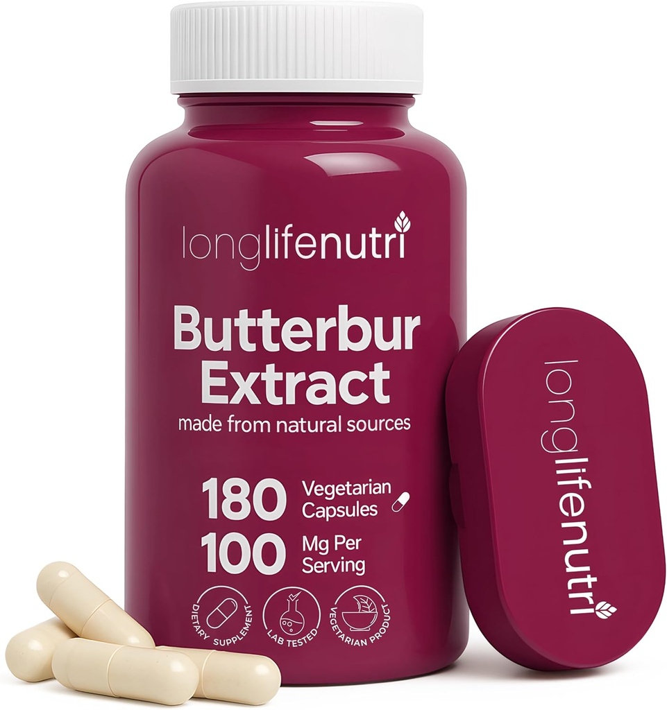 LongLifeNutri Butterbur Extract 100mg - Petasites Hybridus Root Extract, 180 Vegetariske Kapsler, 6 Måned Supply, Organic Supplement for Head Comfort & Neurale Calm, GMP Certified, Made in USA