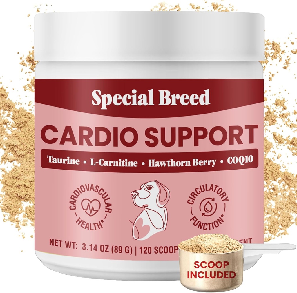 Særlige Breed Cardio support til hunde - Heart Health support med Taurine, CoQ10, Organic Hawthorne Berry, Powder Supplement, 120 Scoops, 3.14 oz