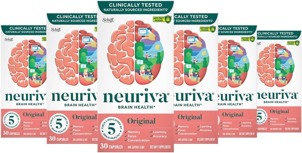 NEURIVA Original Brain Supplement for Memory, Focus & Concentration + Learning & Nøjagtighed med klinisk testet Nootropics Phosphatidylserin og Neurofaktor, Koffein Free, 30 Kapsler (6 Pack)