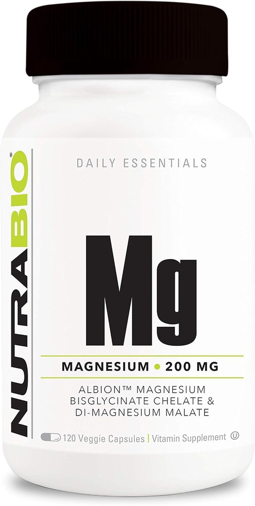 Nutrabio Magnesiumsupplement, Magnesiumglycinat til søvn, Biglycinat, D- Magnesiummalat, Muskel & Nerve Support, til mænd og kvinder, 120 Vegetabilske kapsler