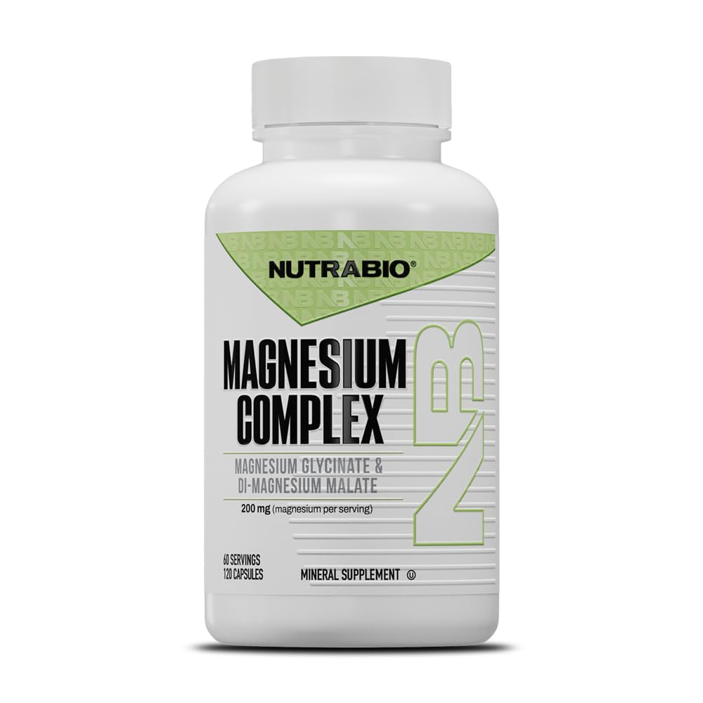 Nutrabio Magnesiumsupplement, Magnesiumglycinat til søvn, Biglycinat, D- Magnesiummalat, Muskel & Nerve Support, til mænd og kvinder, 120 Vegetabilske kapsler