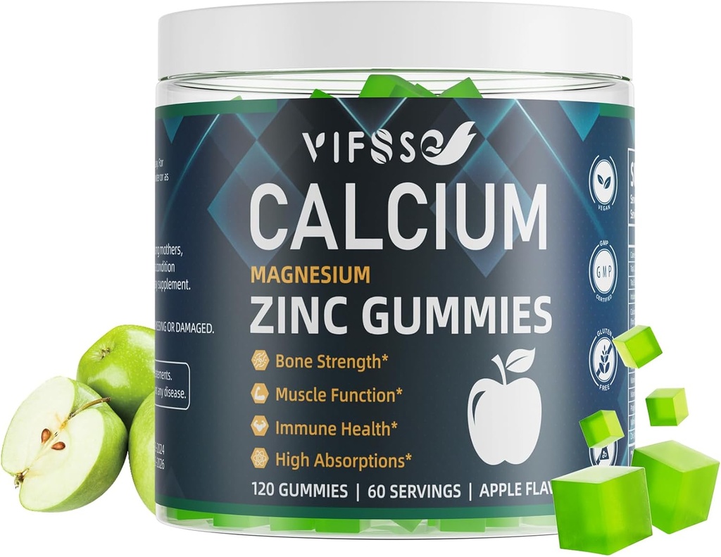 Calcium Magnesium Zink Gummies 600 mg med vitamin D3 K2, 120 Gummies Plant Based Sugar- Free Calcium Gummies High Absorption Complex Calcium Supplement 70 + Trace Mineraler til ben styrke, Vegan