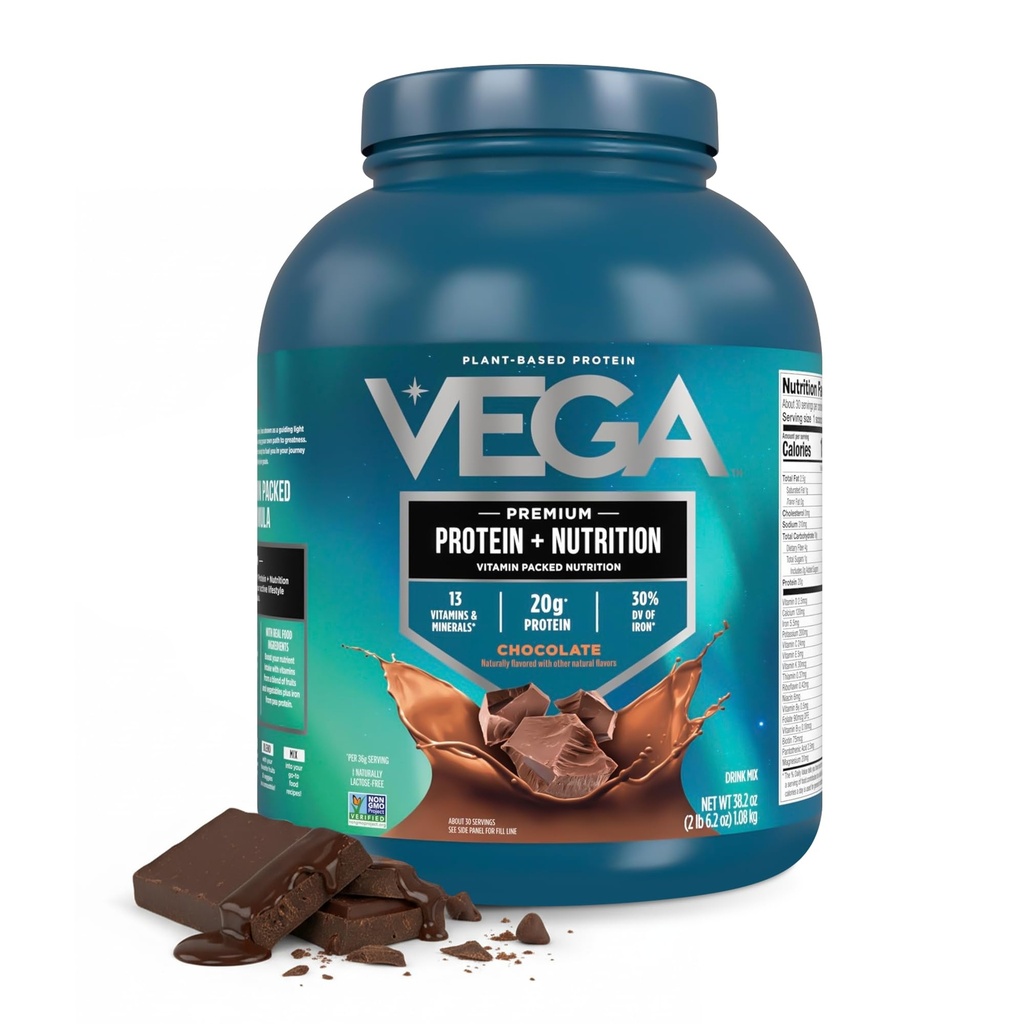 Vega Protein + Nutrition - 20g Plant- baseret Pea Protein, Chokolade, 30 Servering, Vegan Keto Superfood, Antioxidant- Rich, Gluten Free, Dairy Free, Low Carb, 2.4lbs (Packaging May Vary)