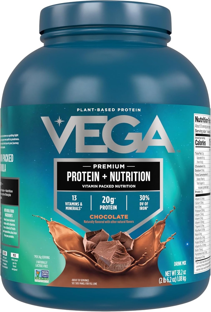 Vega Protein + Nutrition - 20g Plant- baseret Pea Protein, Chokolade, 30 Servering, Vegan Keto Superfood, Antioxidant- Rich, Gluten Free, Dairy Free, Low Carb, 2.4lbs (Packaging May Vary)