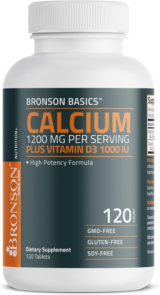Bronson Calcium 1200mg Per Serving Plus Vitamin D3 1000 IU High Potency Formula, Non-GMO, 120 Tablets