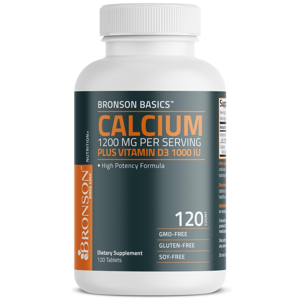 Bronson Calcium 1200mg Per servering Plus D3- vitamin 1000 IE højpotens Formel, non- GMO, 120 tabletter