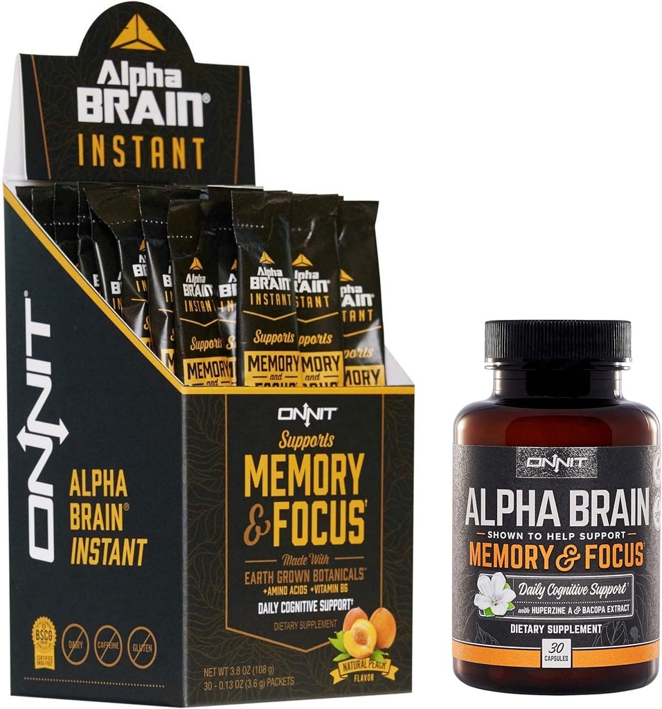 ONNIT Nootrop Stack - Alpha Brain Kapsler (30ct) + Alpha Brain Instant - Natural Peach (30ct)