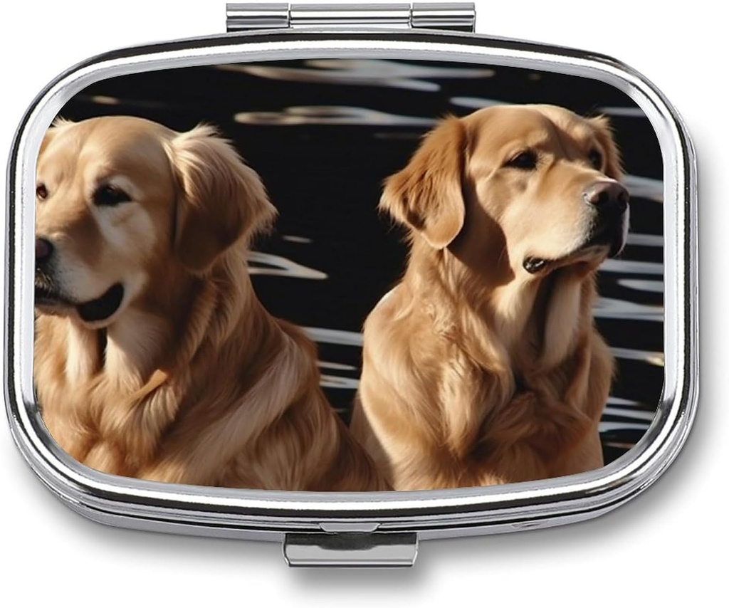 Pill Box 2 Compartment Square Pill Organizer Daily Small Pill Case for Travel Golden Retrievers Metal Pill Container Portable Medicine Organizer for Pill Vitamins Fish Oil Supplement