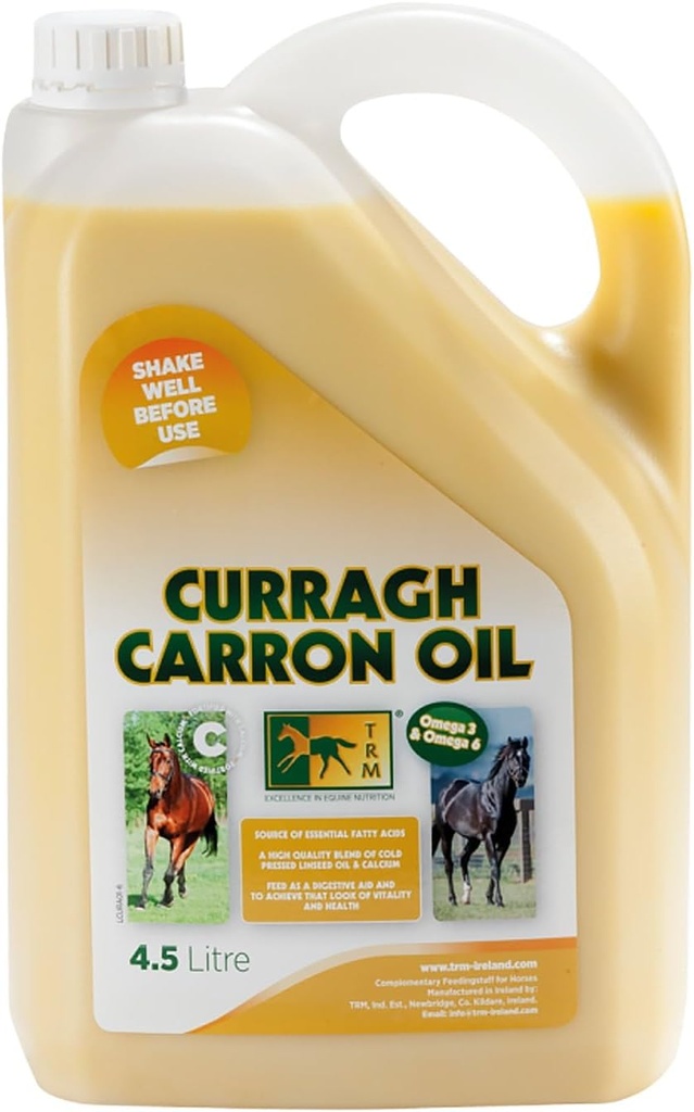 TRM Curragh Carron Flaxseed Oil Diguestive Horse Supplement til en Shiny Coat - 124; Kilde til Omega 3 & 6 - 124; Forbedrer vægt, Hud & Coat tilstand - 152 fl oz / 1.2 US gal (4,5 Liter) - 152 fl oz (1,2 US gal)
