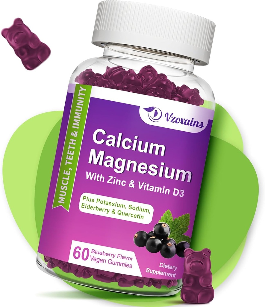 Høj Absorption Calcium Gummier, Calcium Magnesium Zink med Magnesium Glycinat, Kalium, D3- vitamin til kvinder & men- Blueberry Flavored 60 Cts