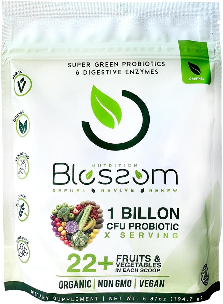Blossom SuperGreens Probiotika - fordøjelsesenzymer med Pre / ProBiotics for Bloating Relief - 30 + SuperGreens & SuperReds til Boost Energy-Organic, Gluten- Free, No Fiber, 0g Sukker (Lemon Citrus)
