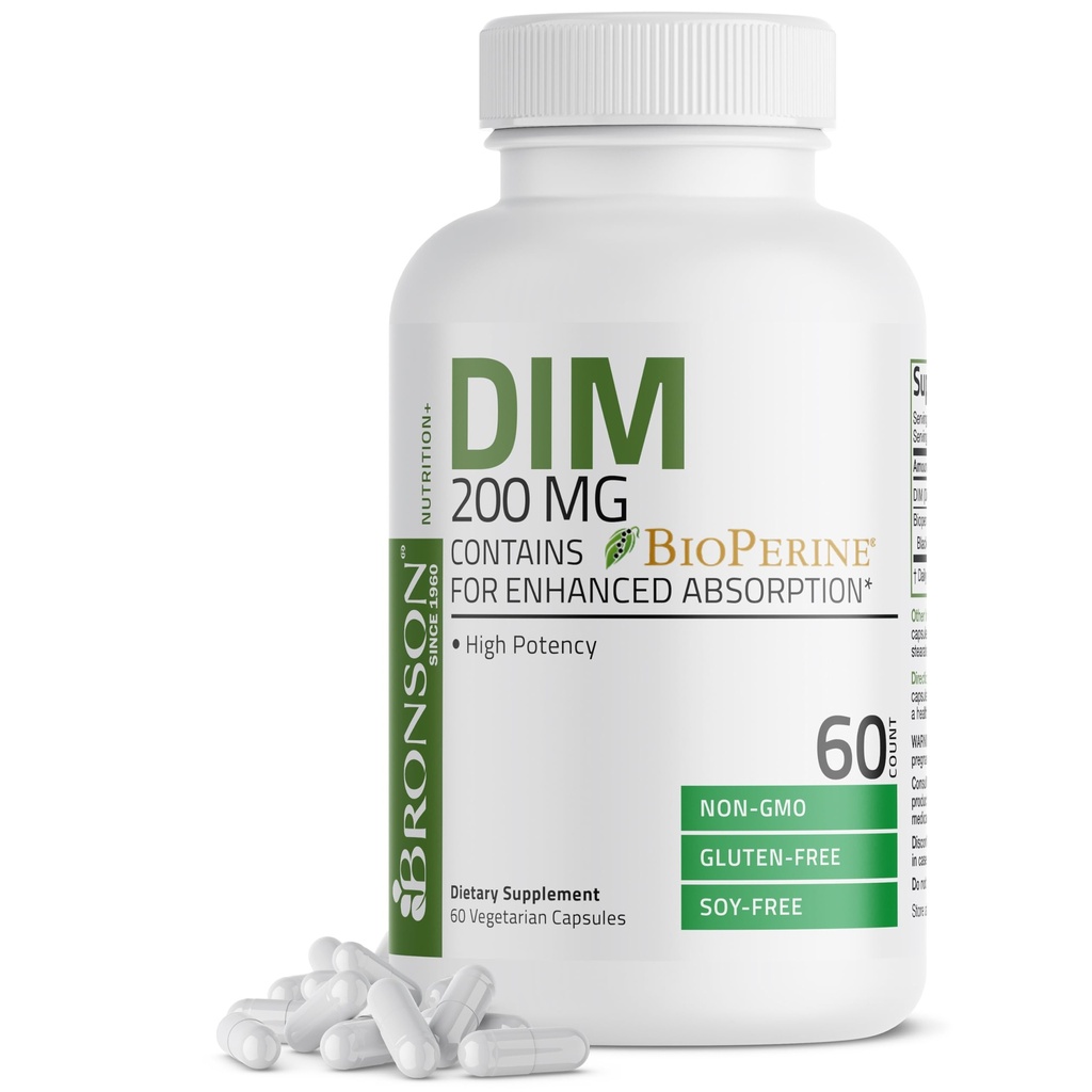 Bronson DIM 200 MG tillæg Diindolymethan med BioPerine for forbedret absorption, østrogen Metabolisme & vedligeholder Balancerede Hormonniveauer, 60 Vegetariske kapsler