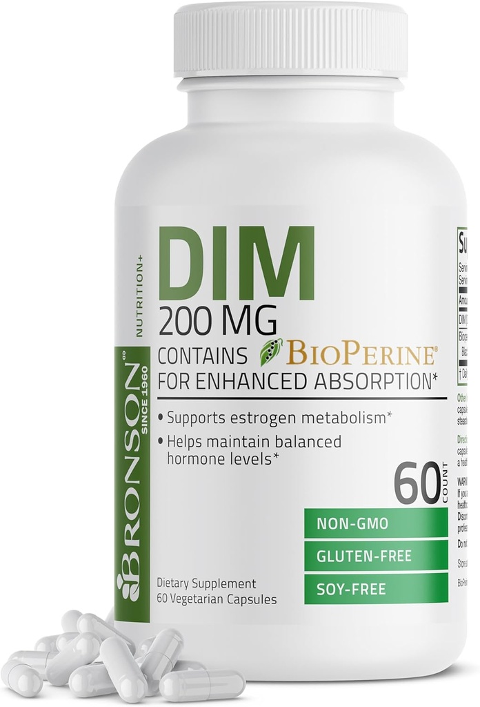 Bronson DIM 200 MG tillæg Diindolymethan med BioPerine for forbedret absorption, østrogen Metabolisme & vedligeholder Balancerede Hormonniveauer, 60 Vegetariske kapsler