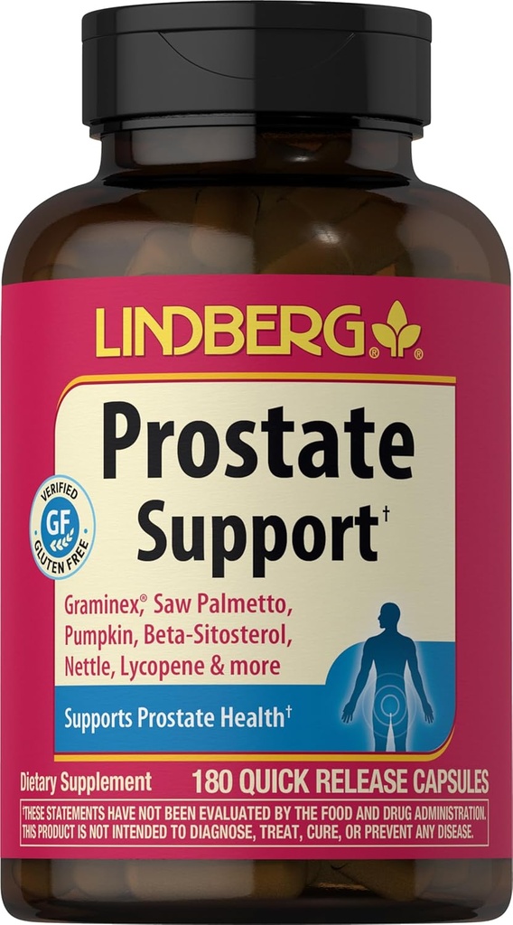 Lindberg Prostata supplement til mænd; 180 Kapsler; 124; med Saw Palmetto, Lycopene, Beta sitosterol, Pumpkin Seed Extract 124; Non- GMO, Gluten Free